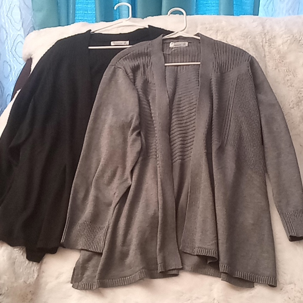 One gray and one black 89th and Madison cardigan sweaters